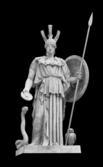 Ancient Greek Roman statue of goddess Athena god of wisdom and the arts historical sculpture isolated on black with clipping path