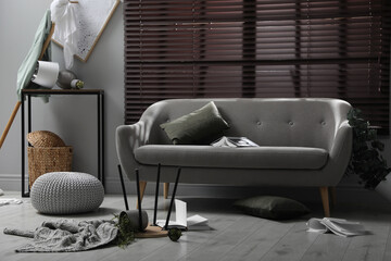 Chaotic living room interior after strong earthquake