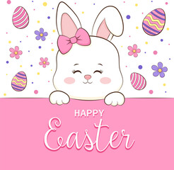 Greeting card Happy easter with cute bunny and easter eggs