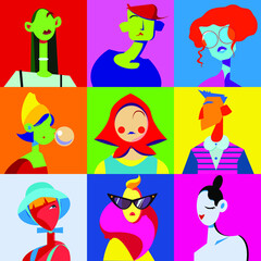 A set of bright stylized female images. Design of portraits in pop art style. For advertising, posters, magazines, articles, crafts, clothes, stickers, printing.
