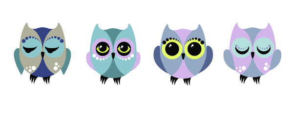 Cute vector collection of owls in blue colors