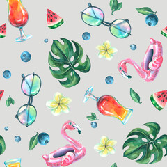 watercolor pattern beach bar cocktail tropics paradise vacation party juicy bright summer fruits textiles fabrics wallpaper paper ornament pattern print