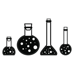 Chemical test tubes vector icons set of four different types of flasks minimalist simple flat illustrations. Experiment chemical flasks for science isolated on white background.