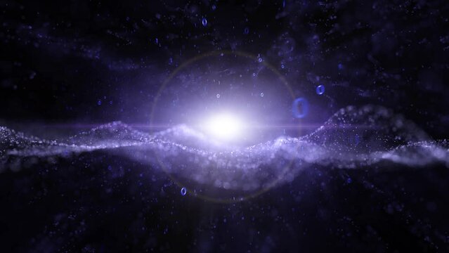 Blurry shiny dots and binary numbers slowly waving and flying on dark violet black copy space background.	