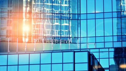 Fragments of building in business district of modern city. High-rise office building in downtown. Modern architecture of typical concrete, glass and steel. Cross process photo filter.