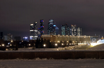 Fototapeta na wymiar Moscow City International Business Centre skyscraper buildings winter night view from Poklonnaya Hill