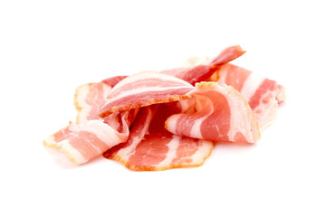 Bacon strips, raw smoked pork meat slices isolated on white