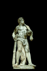 Ancient stone statue of Hercules against black background as symbol of power and strength.