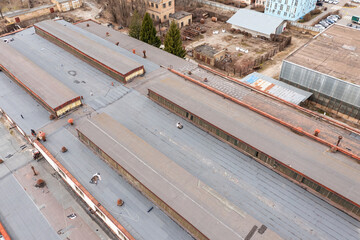 The roof of the old industrial plant building in Kiev. Aerial drone view.