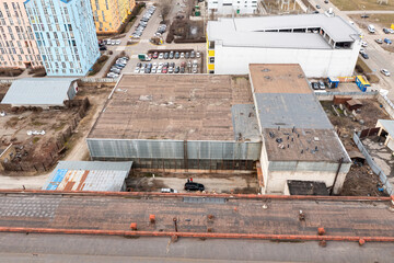 The roof of the old industrial plant building in Kiev. Aerial drone view.