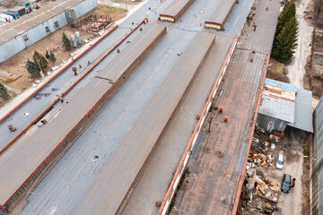 The roof of the old industrial plant building in Kiev. Aerial drone view.