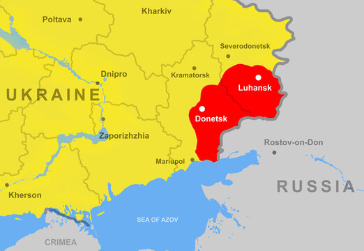 Ukraine with Donetsk and Luhansk (Donbass) on Europe map close-up