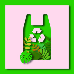 Recycling sign on a plastic bag from which green plants grow. Concept about keeping the planet clean without plastic in paper cut style. vector