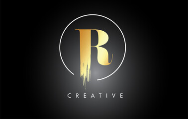 Golden R Brush Stroke Letter Logo Design. Black Paint Logo Leters Icon.