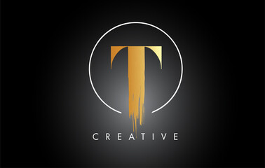 Golden T Brush Stroke Letter Logo Design. Black Paint Logo Leters Icon.