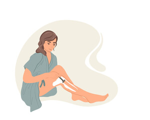 A woman removes hair from her legs. Depilation or epilation.
Skin care concept. Vector illustration