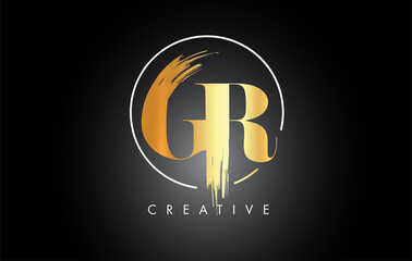 Golden GR Brush Stroke Letter Logo Design. Black Paint Logo Leters Icon.