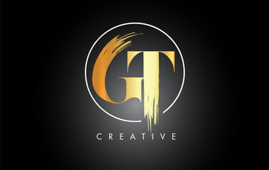 Fototapeta premium Golden GT Brush Stroke Letter Logo Design. Black Paint Logo Leters Icon.