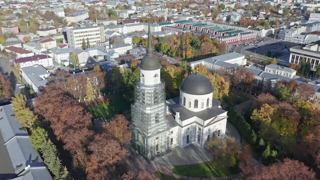 Kaluga city in summer, Christian churches, aerial view, Russia