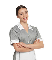 Portrait of young chambermaid in tidy uniform on white background