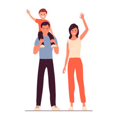 Fototapeta premium Happy family couple with a child. Father, mother and little son. Welcome gesture. Flat vector illustration isolated on white background