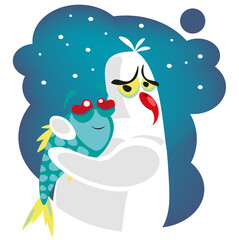 Cartoon Expression of Love funny bird with fish