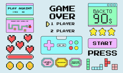 Retro game object set. Set of game user interface elements, pixel style, retro games, picel coin, stars. Design concept for websites and applications in old style of 90s