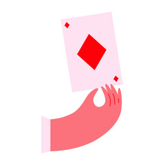 Hand holding playing card. Flat vector illustration. Funny colored typography poster. gambler