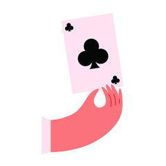 Hand holding playing card. Flat vector illustration. Funny colored typography poster. gambler
