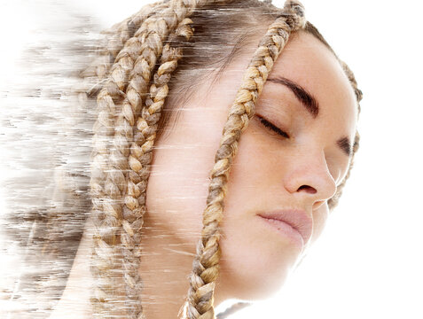 A portrait of a woman combined with a pixelsort effect. Double exposure.
