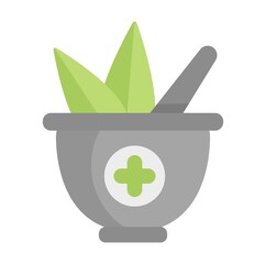 Flat Icon of Mortar and Pestle with green leaves on the white background. Natural healthy Organic food drugs. Vector Illustration. Alternative medicine concept.