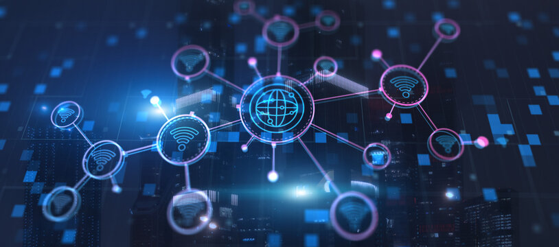 Global world telecommunication network. Wireless Communication on modern cityscape background