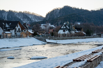 View at the picturesque Grajcarek stream in Szczawnica, southern Poland. Summer in Pieniny Mountains