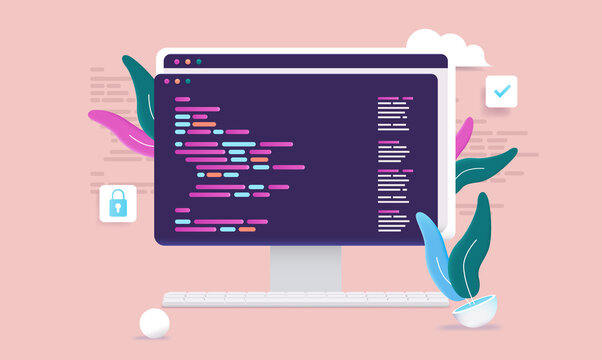Computer screen with code - Abstract decorative vector illustration of programming.