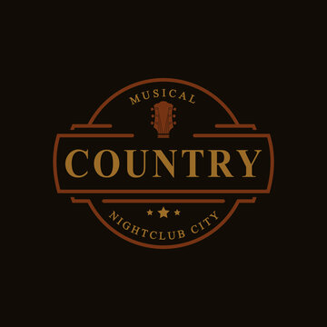 Vintage Retro Badge for Country Guitar Music Western Saloon Bar Cowboy Logo Emblem Symbol