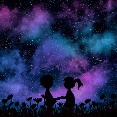 Fototapeta na wymiar Boy and girl are standing together and holding their hands at the night under the starfall. The time when all dreams and wishes come true. Romantic valentine image with stars, meteors, nebula.