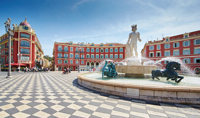 France, Nice, Fountain of the Sun, Place Massena in center of Nice, Plassa Carlou Aubert, tourism,...