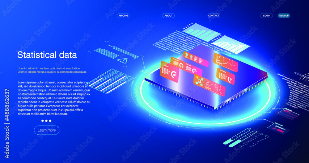 Poster microchip or microprocessor, hardware engineering. futuristic microchip processor with lights on the