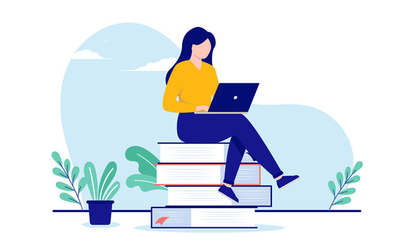 Woman doing research - Female person in casual clothes working on laptop computer while sitting on books. Flat design vector illustration with white background
