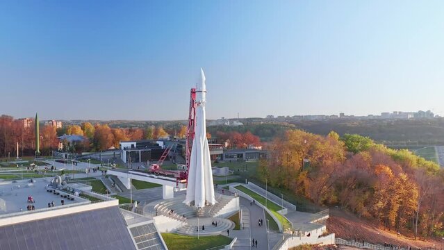 Launch vehicle "Soyuz", museum of cosmonautics, city of Kaluga, beautiful views of the city from the air