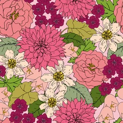 Gordijnen Bloemendesign Rose, dahlia flowers, green leaves, pink background. Retro floral illustration. Vector seamless pattern. Botanical design. Nature summer plants. Vintage fabric inspiration  © ojardin