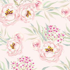 Pink peony flowers with leaves bouquets, light background. Floral illustration. Vector seamless pattern. Botanical design. Nature spring plants. Romantic wedding © ojardin