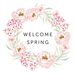 Spring wreath of pink peony flowers, green leaves, white background. Wedding invitation round frame. Vector illustration. Floral arrangement with text. Design template greeting card