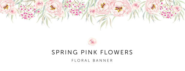 Spring border of pink peony flowers, delicate green leaves, white background. Wedding invitation banner frame. Vector illustration. Floral arrangement. Design template greeting card