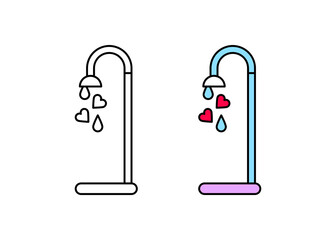 Bathroom logo with flowing water from modern heart. Heart droplets icon. linear and colorful shower cabin template. Simple linear vector white background.