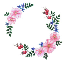 Flower wreath. Watercolor floral frame. Botanical illustration. Frame made of plant elements