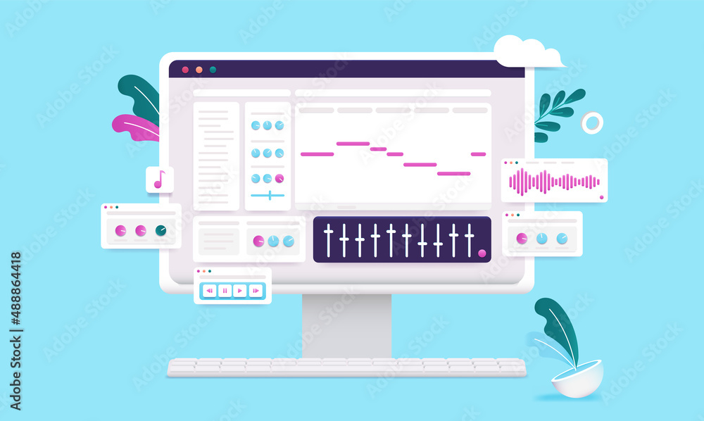 Aufkleber electronic music production software on desktop computer screen. vector illustration