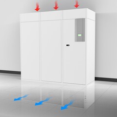 3d rendering of a air conditioning unit for a computer data center showing hot and cold air through the system.