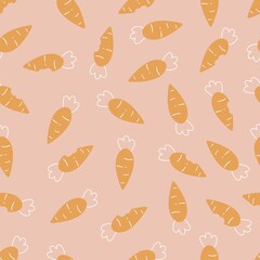 Spring seamless pattern with stylized carrots on pink background. Hand drawn doodle vegetables. Childish vector illustration.