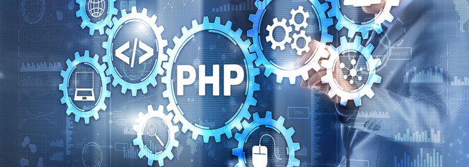 PHP coding Concept. Programmer search. Technology Background